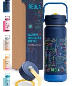 BEOLA 550ml Kids Water Bottle 18/8 Stainless Steel Double Wall Insulated Thermos Bottle with Straw Lid and Wide Mouth, Hot Cold Liquids Sports School Bottle (19oz,Pixel Play)