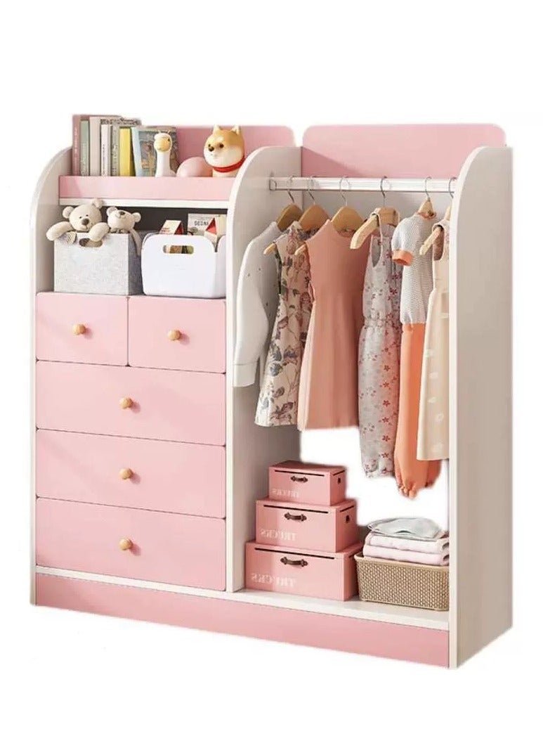 Kids Wardrobe Children Clothes Cabinet Storage Rack Kids Wardrobe Closet Baby Cupboard Wooden Cabinet with 5 Drawers and Hanging Area for Clothes Storage Organizer Modern Closet( 120*40*125cm,Pink) 