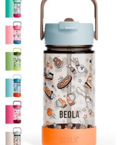 BEOLA 500ml Kids Water Bottle with Straw Lid and Silicone Protective Boot, Tritan Plastic, BPA BPS FREE Leak Proof and Drop Resistant Kids Water Bottles for School (Sports Day)