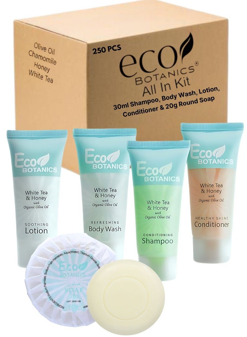 Eco Botanics Hotel Soaps & Toiletries Bulk Set 30ml Hotel Shampoo & Conditioner, Body Wash, Body Lotion & 20g Bar Soap Travel Size | 250 Pieces