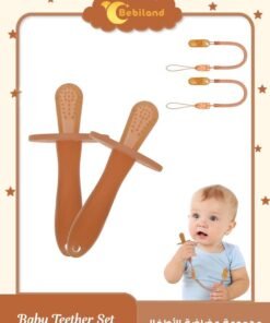 Bebiland 2PCS Teething Toys with 2 Anti-Lost Chain for Baby, Teether Toy Silicone Baby Teether, Baby Teething Toy, Teething Ring for 2 Months Above Boys and Girls (Brown)