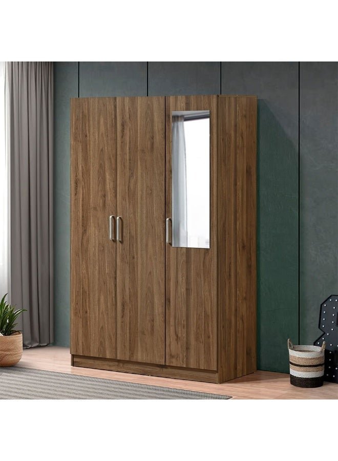 DANUBE HOME Supreme 3-Door Swing Wardrobe with Mirror – Light Walnut Finish – Spacious Bedroom Storage Cabinet with Hanging Rod & Shelves – Modern Wardrobe for Bedroom, Living Room, Hallway – Stylish Wooden Wardrobe for Home Organization