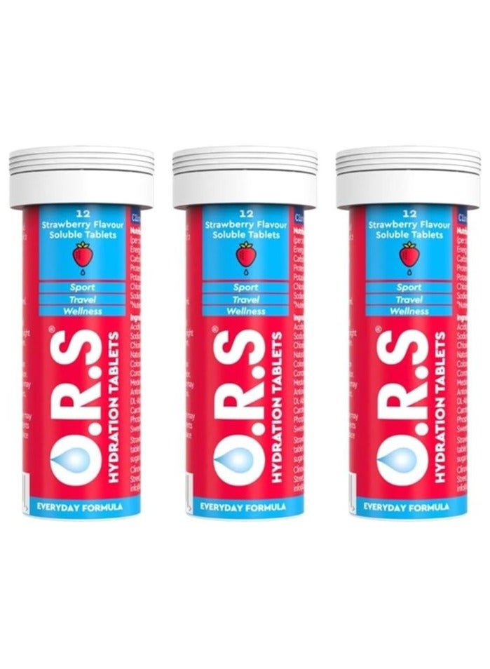 ORS O.R.S Hydration Tablets with Electrolytes, Vegan, Gluten and Lactose Free Formula – Soluble Sports Hydration Tablets with Natural Strawberry Flavour, 36 Tablets (Pack of 3 x 12)