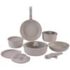 Noon East 12 Piece Detachable Granite Cookware Set, Non-Stick, 1x24cm Frypan, 1x28cm Frypan, 1x18cm Saucepan with Tempered Glass Lid, 1x20cm Saucepan with Tempered Glass Lid, 1x26cm Saute Pan with Tempered Glass Lid, 1x18cm Fridge Lid, 1x20cm Fridge Lid, 2 handles - Beige