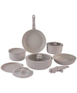 Noon East 12 Piece Detachable Granite Cookware Set, Non-Stick, 1x24cm Frypan, 1x28cm Frypan, 1x18cm Saucepan with Tempered Glass Lid, 1x20cm Saucepan with Tempered Glass Lid, 1x26cm Saute Pan with Tempered Glass Lid, 1x18cm Fridge Lid, 1x20cm Fridge Lid, 2 handles - Beige