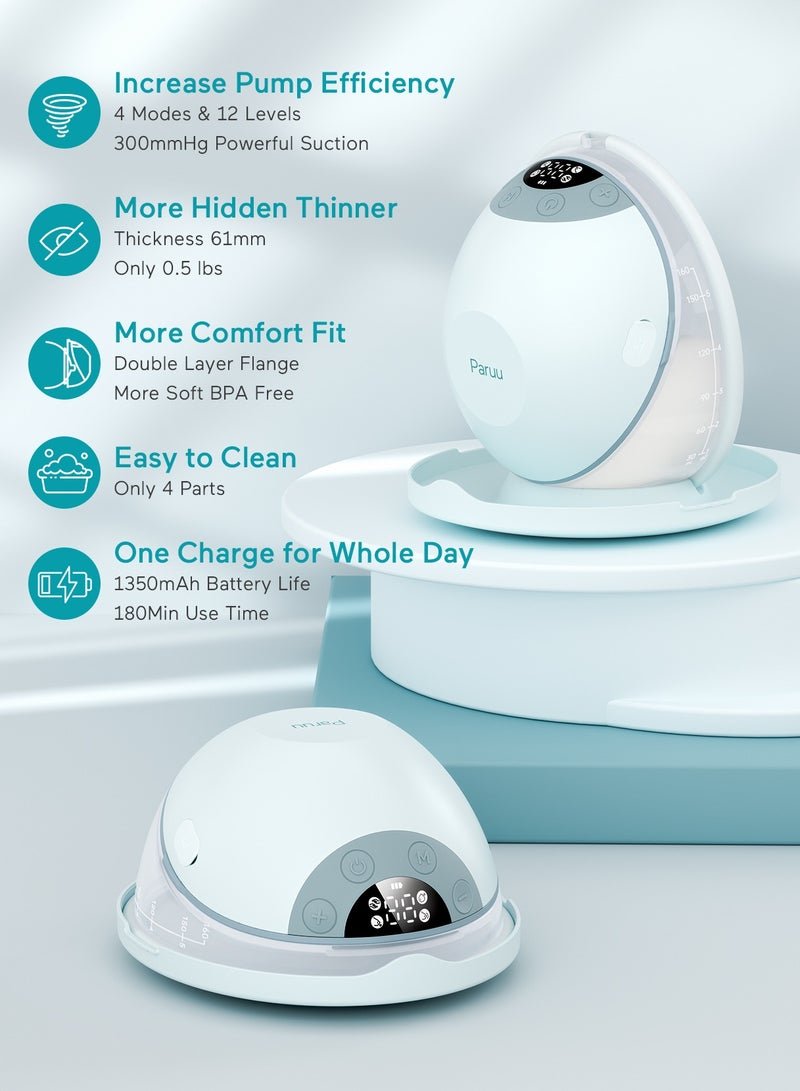 Paruu P20 Wearable Breast Pump Hands Free,4 Modes & 12 Levels Suction with Soft Double-Sealed Flange, Electric & Portable Pump Accessories, LED Display