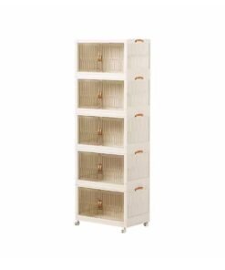 Organized Home Plastic Collapsible Storage Bins with Lids 5-Tier Folding Storage Box with Door and wheels Wardrobe Closet Organizer Toy Storage