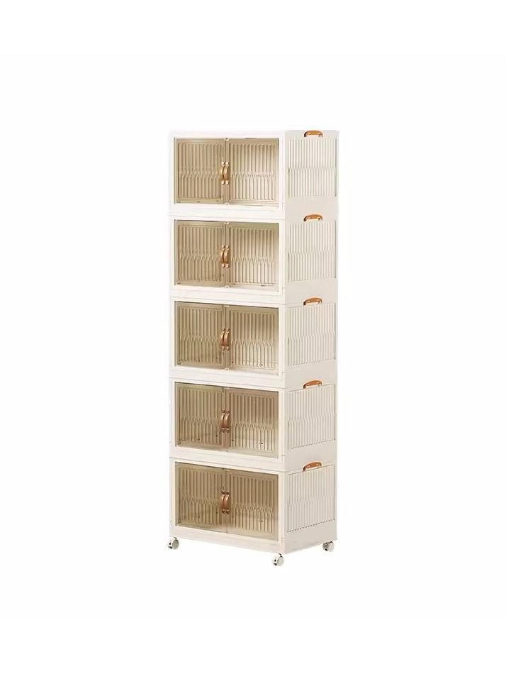 Organized Home Plastic Collapsible Storage Bins with Lids 5-Tier Folding Storage Box with Door and wheels Wardrobe Closet Organizer Toy Storage