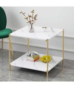 2 Tier White Side Table, Golden Iron Living Room Coffee Table Square Coffee Table Sofa Side Table Bedroom Bedside Table