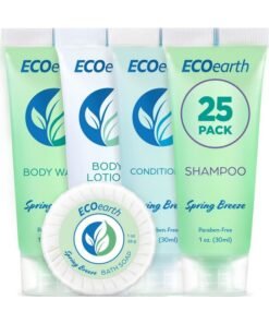 EcoEarth Hotel Toiletries Bundle (Spring Breeze 1 Oz Each 125 Pieces) 5Piece Set: 25 Each Round Bar Soap Shampoo Conditioner Body Lotion & Body Washbulk Mini Guest Amenities