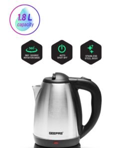 GEEPAS Electric Tea Kettle 1.8 L, Auto Shut Off And Boil Dry Protection, Safety Lock Lid, 360 Degree Rotational Base, Stainless Steel, Ergonomic Handle, Perfect Pour, Large Capacity 1.8 L 1500 W GK5454B Silver/Black
