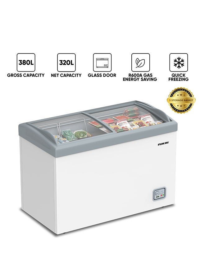 NIKAI Double Door Glass Chest Freezer With Storage Basket, High Energy Efficiency Cooling System, Adjustable Temperature, Silent Operation, For Home And Restaurants 380 L 1200 W NCF400GL1 White