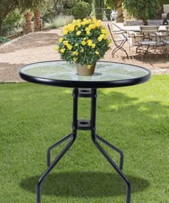 SKY-TOUCH Patio Bistro Round Metal Glass Table,Dining Table with Glass Table Top Metal Coffee Table for Lawn Garden Pool Steel Frame Commercial Party Table,Black, - Image 3