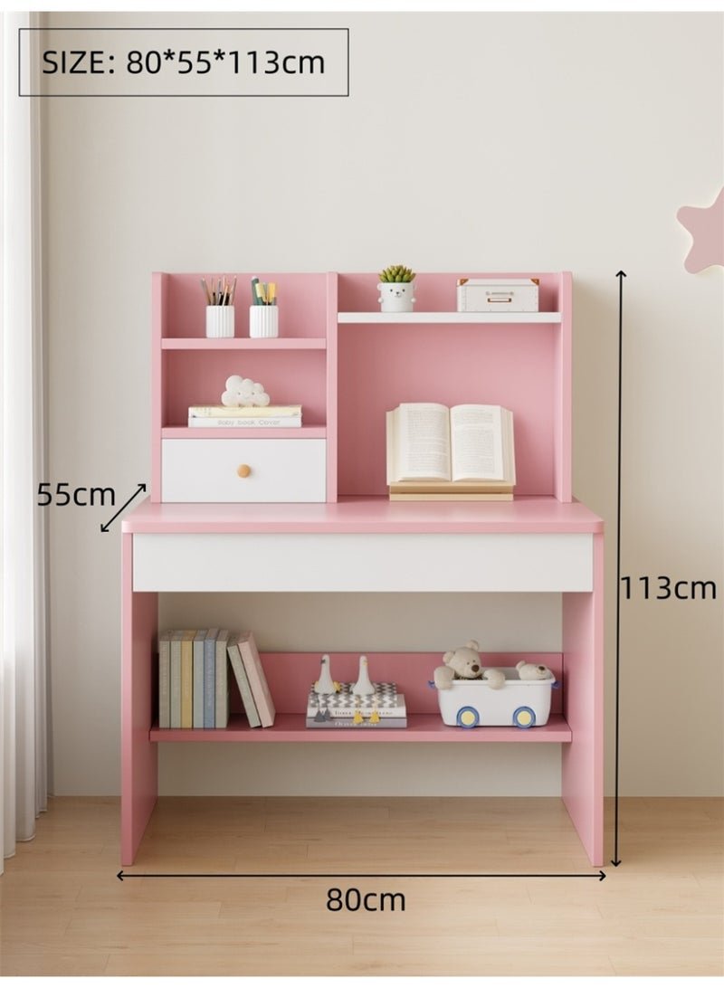 Kids Study Desk, Wooden Students Writting Table with Bookshelf and Storage Cabinet, Computer Table Office Desktop with Documents Storage Shelving Rack for Home Writting Reading and Office PC Notebook Working (Pink, YN118) - Image 3