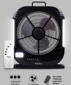 Impex 12 inch 3 Blade Rechargeable Fan LED Light with Remote Control, 1820 RPM, 7000mAh Lead-Acid Battery, 600 Lumen, USB Mobile Charger, Solar Charging, Overcharge Protection Breeze D7 Black
