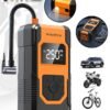 PINREK Digital Car Tyre Inflator Air Compressor, 22mm Cylinder Portable Electric Tire Inflator With 7800mAh Battery Power Bank/Auto Stop/LED Light/LCD Screen, 150 PSI Fast Inflation Cordless Air Pump for Car Motorcycle Bicycle Ball Air Mattress