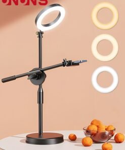 UNUNS Selfie Ring Light With Stand And Phone Holder,Overhead Camera Mount With 16cm Ring Lights For Phone,Circle Light With Desk Tripod Adjustable Shooting Arm For Video Recording,Live Streaming,Laptop
