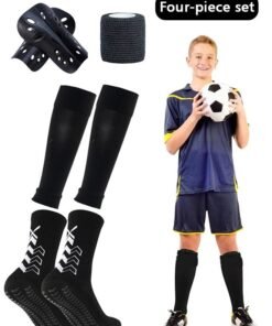 GIFT 1 Pair Mens Grip Soccer Socks, 1 Pair Shin Sleeves with 1 Pack Shin Guards and 4 Shin Straps, Soccer Game Set 4 Pcs, Reduce Shocks and Injuries(Black)
