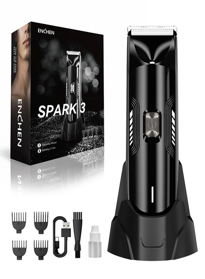 ENCHEN Spark 3 Groin & Body Trimmer Kit for Men, Waterproof,LED Spotlight, Ceramic Blades, Type-C Charging, 4 Adjustable Combs (3mm–12mm), Full Body Grooming Tool-Black