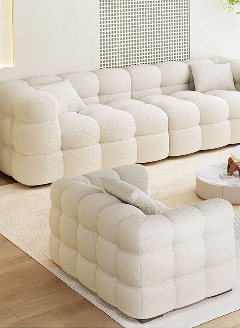 Merry Moments 3 Seater Sofa Modern Sofa White Sofa White Bouclé Upholstered Sofa Curly Oatmeal White for Living Room Reception Office Airbnb with 3-Piece Filled Cushion Set L200xH65xW80 cm - Image 2