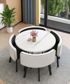 Harmony Home 5-Piece Round Dining Table Set – Wooden Dining Room Furniture with 4 Upholstered Chairs (White & Black)