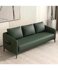 Comfynest Modern Wood Frame Standard Sofa | Tear-Resistant Leather Upholstery | Solid Color | 3-Seater Couch with Square Arms | No Assembly Required (Blackish Green)