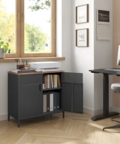 Alternative view of SONGMICS Storage Cabinet, Metal Cabinet with Double Doors, Magnetic Closure, Adjustable Shelf, Steel Frame, Rustic Brown and Black