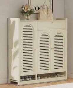 ZCM-HAPPY Shoe Cabinet Milky White Entryway with Three Doors and Eight Layers With Drawer 110*32*88cm