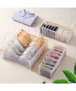 ECVV 3 Pieces Wardrobe Clothes Organizer, Mesh Clothes Storage Organizer For Jeans Pants Bra Underwear Socks, Foldable Drawer Organizers For Clothing Beige