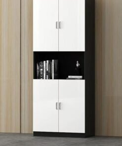 fashionhome Modern Tall Freestanding Storage Cabinet with Dual Upper and Lower Double-Door Compartments, Central Open Display Shelf, and Sleek Two-Tone Black-and-White Design for Living Room, Office, or Bedroom Organization 80 x 40 x 200 cm.