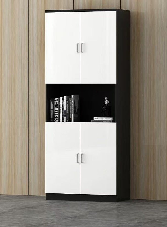 fashionhome Modern Tall Freestanding Storage Cabinet with Dual Upper and Lower Double-Door Compartments, Central Open Display Shelf, and Sleek Two-Tone Black-and-White Design for Living Room, Office, or Bedroom Organization 80 x 40 x 200 cm.