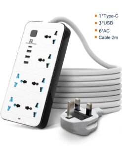 Rock Pow 2 meters Universal Extension Cord with 6 Power Socket and 3 USB + 1 PD Slots 6 Way Power Strip with USB type C PD Charging slot Extension Lead 2 meter(6S+3U+1PD 2M)