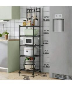 R and J 5 Layer Storage Rack , Five Tier Movable Storage Rack with Hooks and 4 Universal 360 Degree Wheels , Multipurpose Storage Shelf for Kitchen , Room or Bathroom