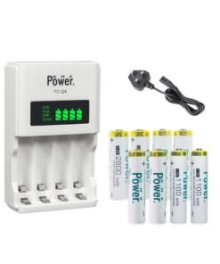 DMK Power 4pcs AA* 4pcs AAA Ni-MH High Capacity Rechargeable Batteries and TC-Q4 AAA AA 4Slot Independent Intelligent Quick LCD Charger for Ni-MH/Ni-CD Rechargeable Batteries with 3pin UK Plug Cable