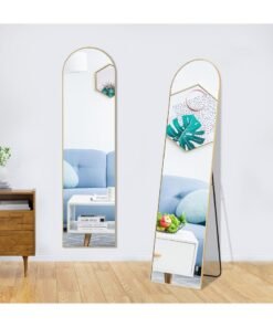 Vparty Full-Length Mirror 40x150cm Gold – Standing or Wall-Mounted Full Body Mirror with Leaning Option, Aluminum Alloy Frame, Stable Bracket, Support Hinge, 2 Wall Hooks, HD Clarity, Explosion-Proof Glass – Chic & Durable Decor for Bedroom, Living Room, Hallway, Dressing Room