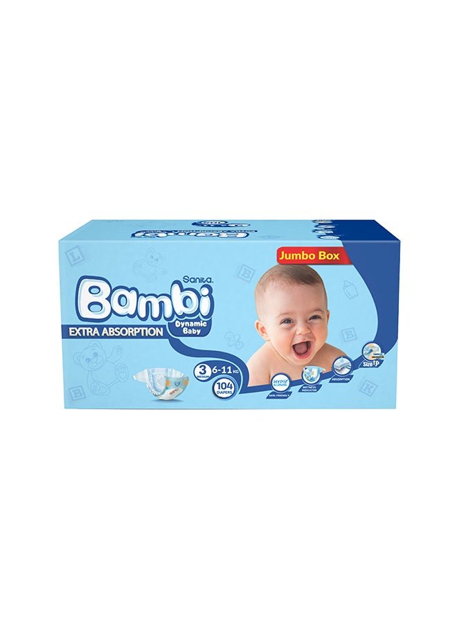 Sanita Bambi Extra Absorption Size 3 Diapers 6-11 Kg Jumbo Box 104 Count