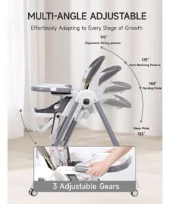 Alternative view of AL-WAHA AL-ZHABIA Baby High Chair | 5-Level Adjustable Foldable High Chair with Wheels & Double Trays | 4-Position Reclining Seat & 3-Stage Footrest | Safe Feeding Chair for Infants 6M-3 Years