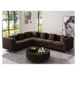 Maharat Al Bahar Dark Brown Luxury L-Shaped Leather Chesterfield Sofa - 6-Seater with Golden Legs - Classic Tufted Design for Elegant Living Rooms