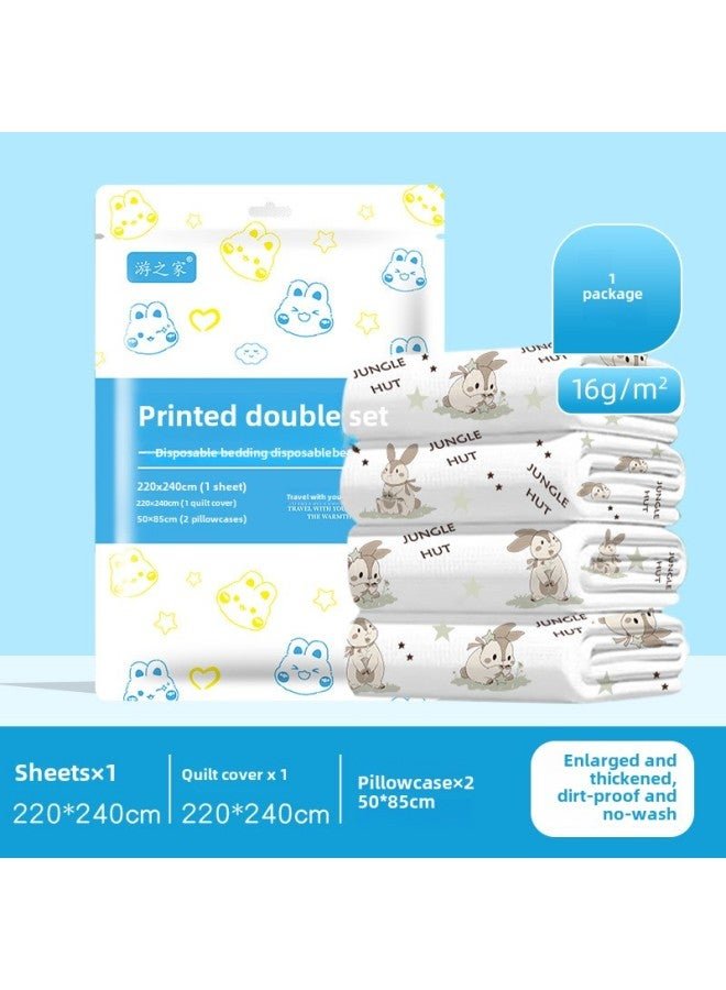 Disposable Bed Sheet Travel Four-piece Portable Hotel Supplies Disposable Bath Towel Dirty Bed Sheet Quilt Cover Suit-Color:Printed Single Three-piece Set