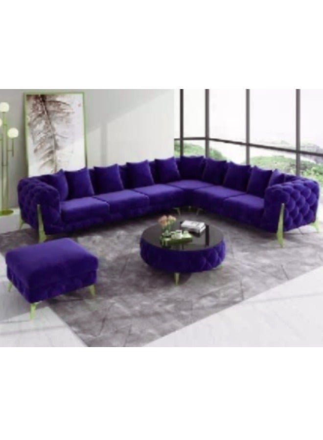 Maharat Al Bahar Luxury Purple Velvet Chesterfield Sofa Set – 6-Seater L-Shaped Sectional Sofa with Golden Legs, Traditional Tufted Design for Elegant Living Room
