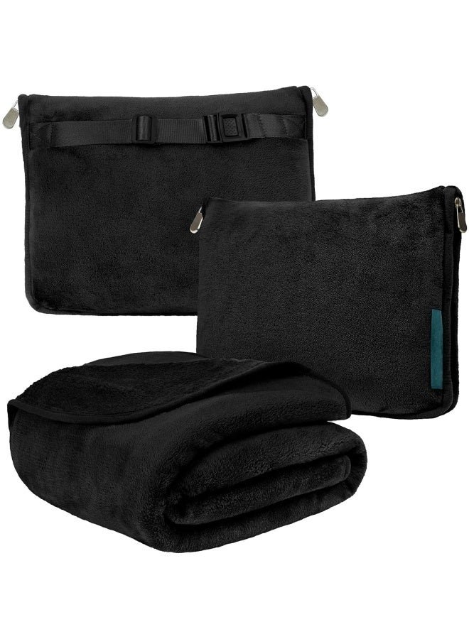 Travel Blanket Pillow, Soft Airplane Blanket Combo Set, Plane Blanket Compact Packable, Flight Essentials Car Pillow, Travelers Gifts Accessories, Luggage Backpack Strap, Black