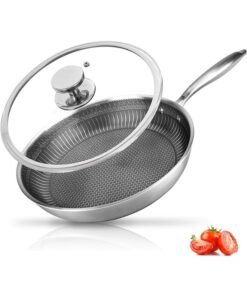 Garlo 28CM Stainless Steel Frying Pan with Lid, Nonstick Fry Pan with Honeycomb Carving, Induction Skillet Compatible with All Cooktops, Stay-Cool Handle, Dishwasher & Oven Safe, Non-Toxic
