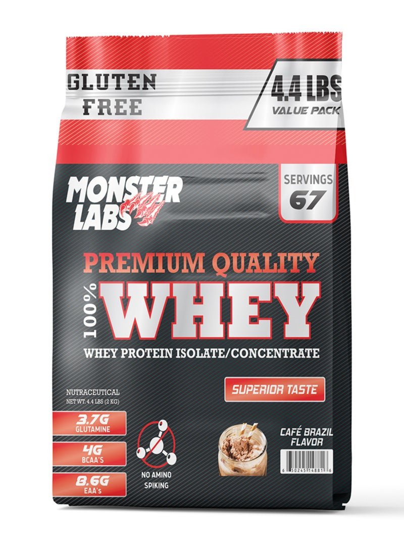 Monster Labs 100% Whey Protein Powder Primary Source Isolate, 23 Grams of Protein for Muscle Support and Recovery - Café Brazil, 4.4 Lbs, 67 Servings