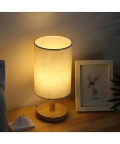 zentora Warm Light Bedside Table Lamp with USB Charging, Linen Shade & Wooden Base