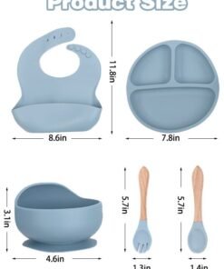 Super ZYouth 5-Pieces Silicone Baby Feeding Set, Baby Led Weaning Supplies with Suction Bowl and Divided Plate, Wooden Spoon and Fork, Toddler Tableware Set with Adjustable Soft Silicone Bib