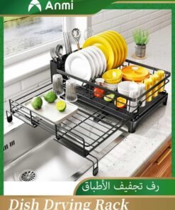 Anmi Dish Drying Rack - Extendable Dish Rack, Large Sink Drying Dish Drainer for Kitchen Counter, Stainless Steel Dish Strainer with Utensil Holder, Black (Upgraded version)