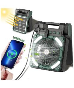 Solar Powered Fan,10400mAh rechargeable Solar Power Cordless Battery Fan with LED Lantern | 4 Wind Speeds Adjustable | 3 Timers Modes | Quiet , Portable Camping Fan for Travel, Tent, Fishing ,Picnic