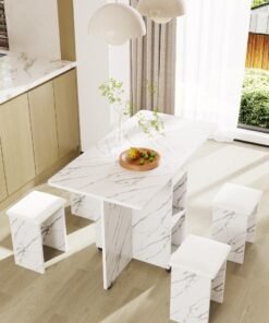 Zeno Extendable folding dining table, multifunctional mobile kitchen table, folding kitchen table with two-layer shelf, 6 wheels, including 4 stools