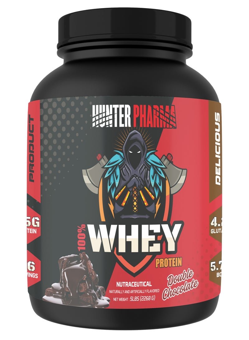 HUNTER 100% Whey Protein 5 Lbs - 25g Protein with BCAA & Glutamine for Muscle Recovery (Double Chocolate)