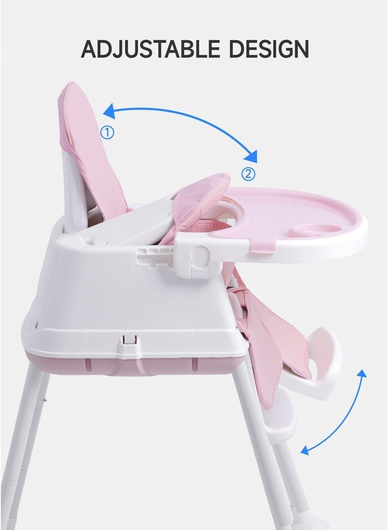 AL-WAHA AL-ZHABIA 4-in-1 Multi-Function Baby High Chair with Adjustable Height and Footrest | Double-Layer Food Tray, 360° Wheels & Safety Belt | Infant Feeding Chair for Babies 6 Months to 3 Years (Pink)